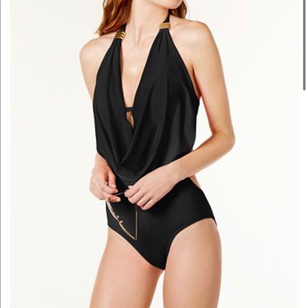 Macy’s draping black monokini swimsuit